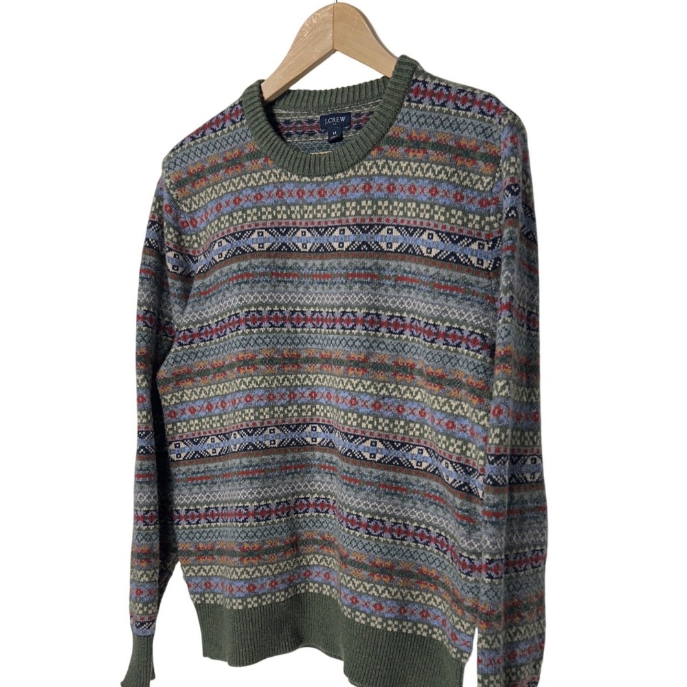 J.Crew Lambs Wool Blend Fair Isle Crewneck Sweater Green Blue Red Men's Size M - Picture 4 of 11
